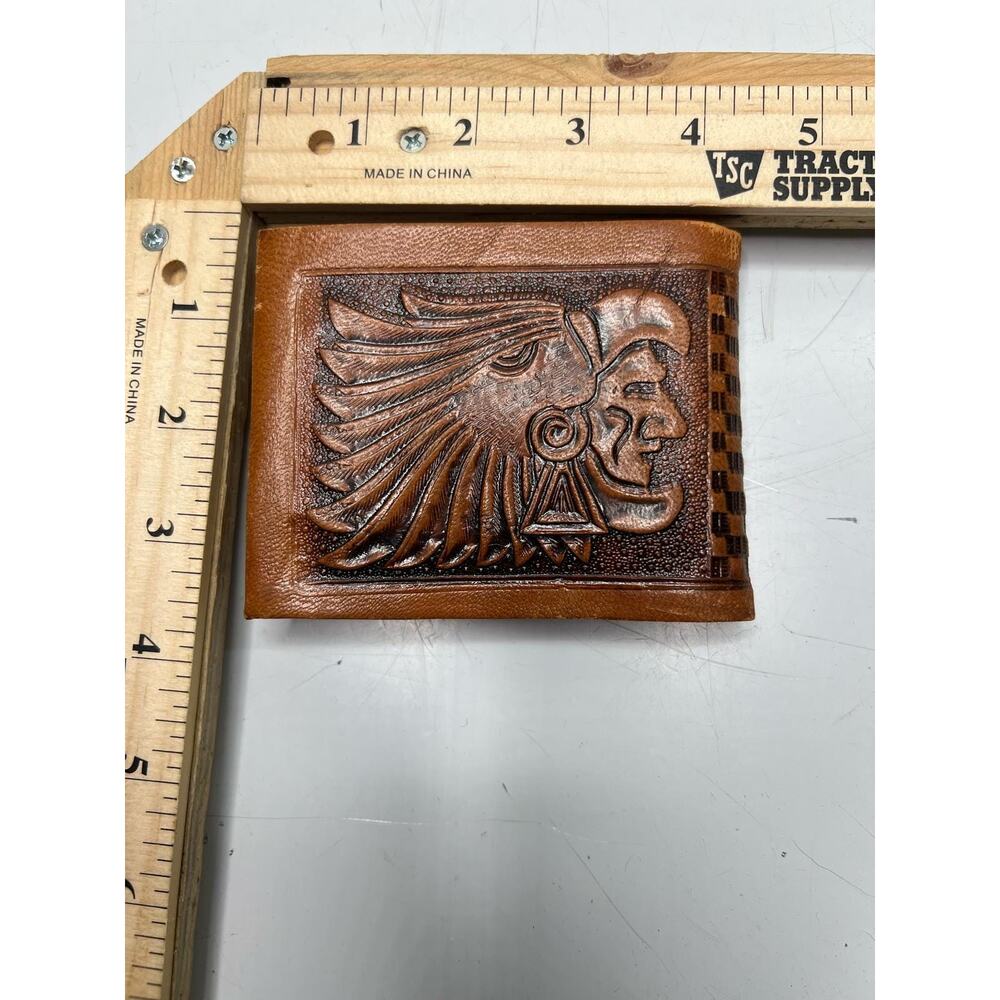 VTG Wallet Men's Brown Tooled Leather Edged Eagle Embossed Bifold Aztec Western